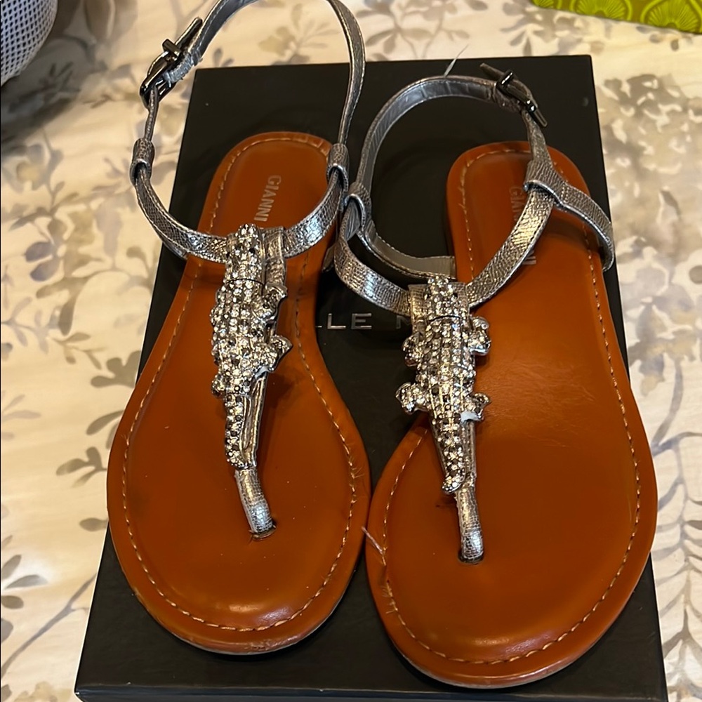 Silver and Brown Sandals with Rhinestone Alligators Antonio Melani 6.5
